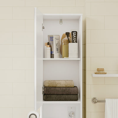SoBuy | Badezimmer Hochschrank | Badezimmerschrank schmal mit Spiegeltür und | White | BZR240-E-W