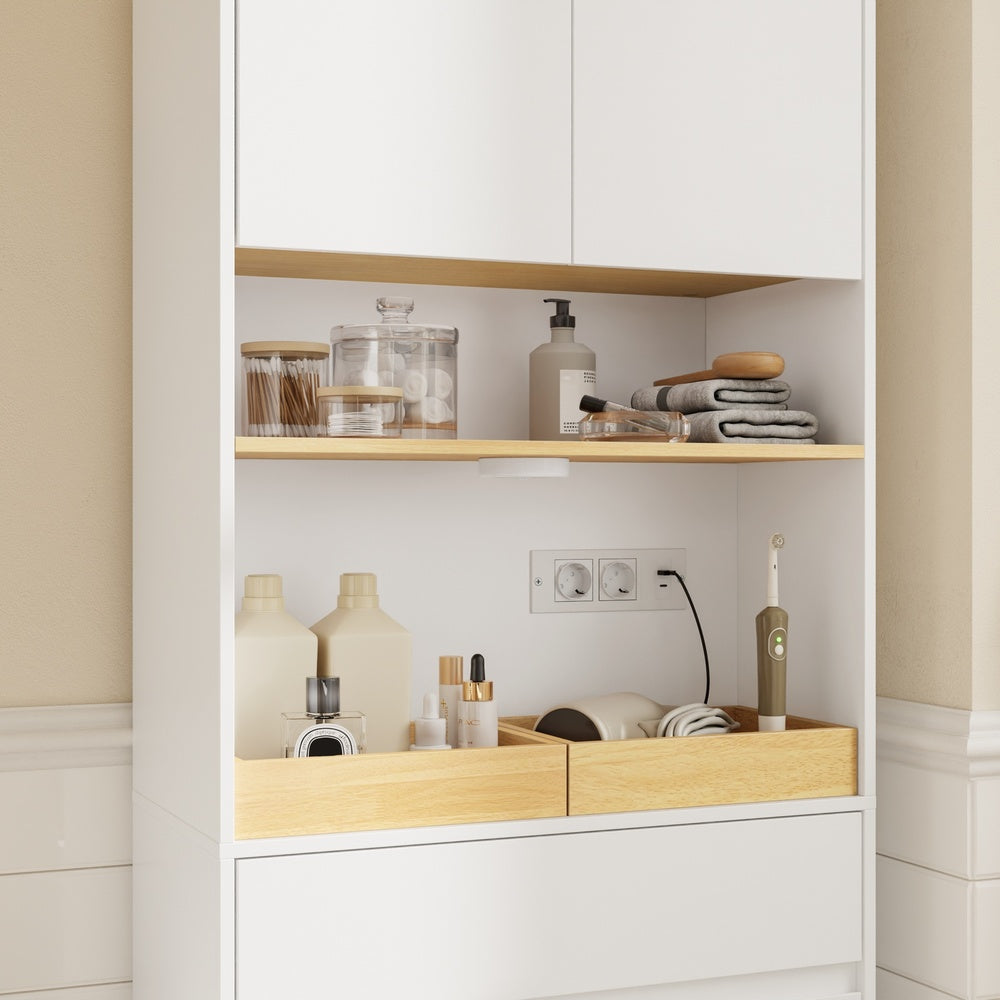 SoBuy | Badezimmer Hochschrank | Badezimmerschrank schmal mit Wäschekorb | Weiß | BZR241-E-W