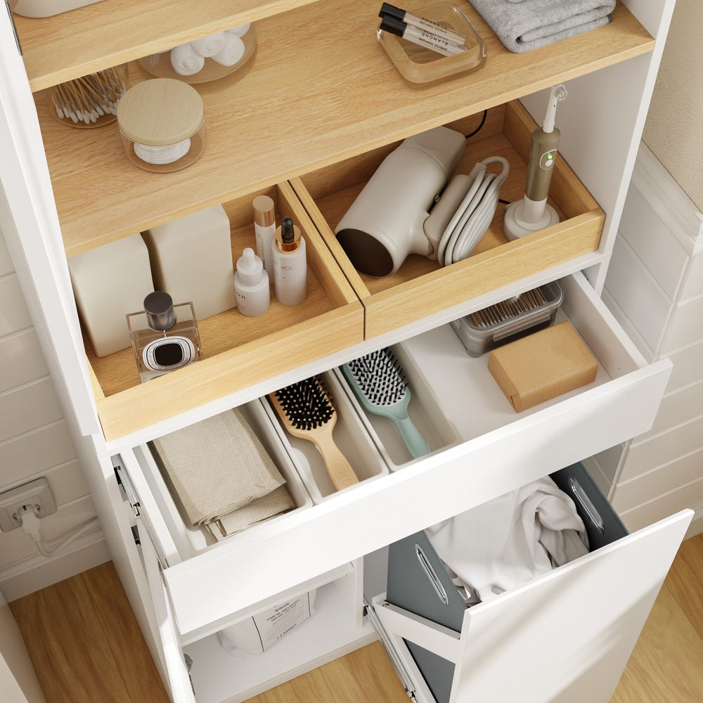 SoBuy | Badezimmer Hochschrank | Badezimmerschrank schmal mit Wäschekorb | Weiß | BZR241-E-W