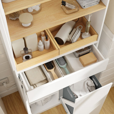 SoBuy | Badezimmer Hochschrank | Badezimmerschrank schmal mit Wäschekorb | Weiß | BZR241-E-W