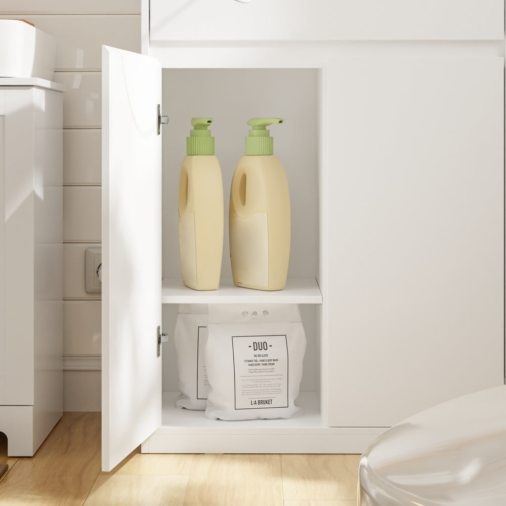 SoBuy | Badezimmer Hochschrank | Badezimmerschrank schmal mit Wäschekorb | Weiß | BZR241-E-W