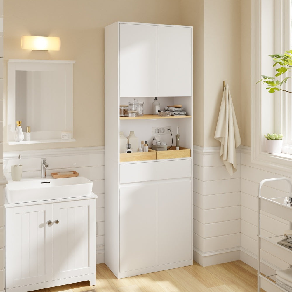 SoBuy | Badezimmer Hochschrank | Badezimmerschrank schmal mit Wäschekorb | Weiß | BZR241-E-W