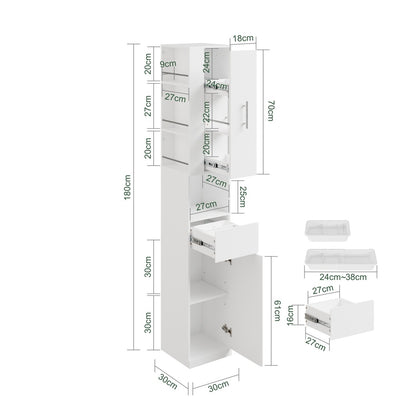 SoBuy Badezimmer Hochschrank Badhochschrank schmal in Weiß mit 2 Schubladen 30×30×180 cm BZR242-W