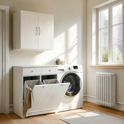 SoBuy | Wäscheschrank mit 2 Wäschesäcke | Wäschesammler | Wäschekorb Weiß | BZR33-II-W