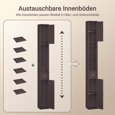 SoBuy | Badzimmerschrank Schmal | mit Verstellbare Ablagen | Braun | BZR34-II-BR