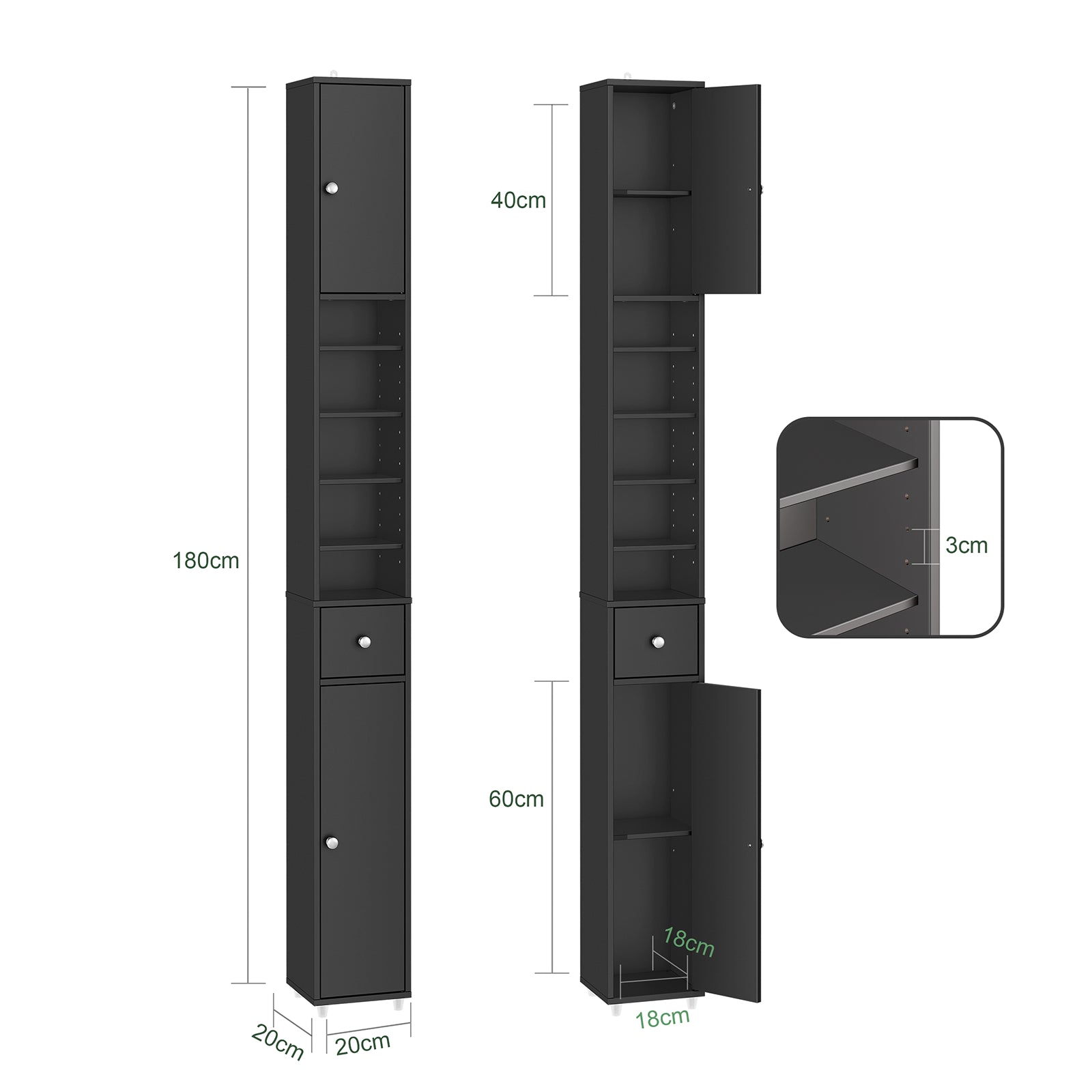 SoBuy | Bad Hochschrank | mit Verstellbare Ablagen schmal | Schwarz | 20x180x20cm | BZR34-II-SCH