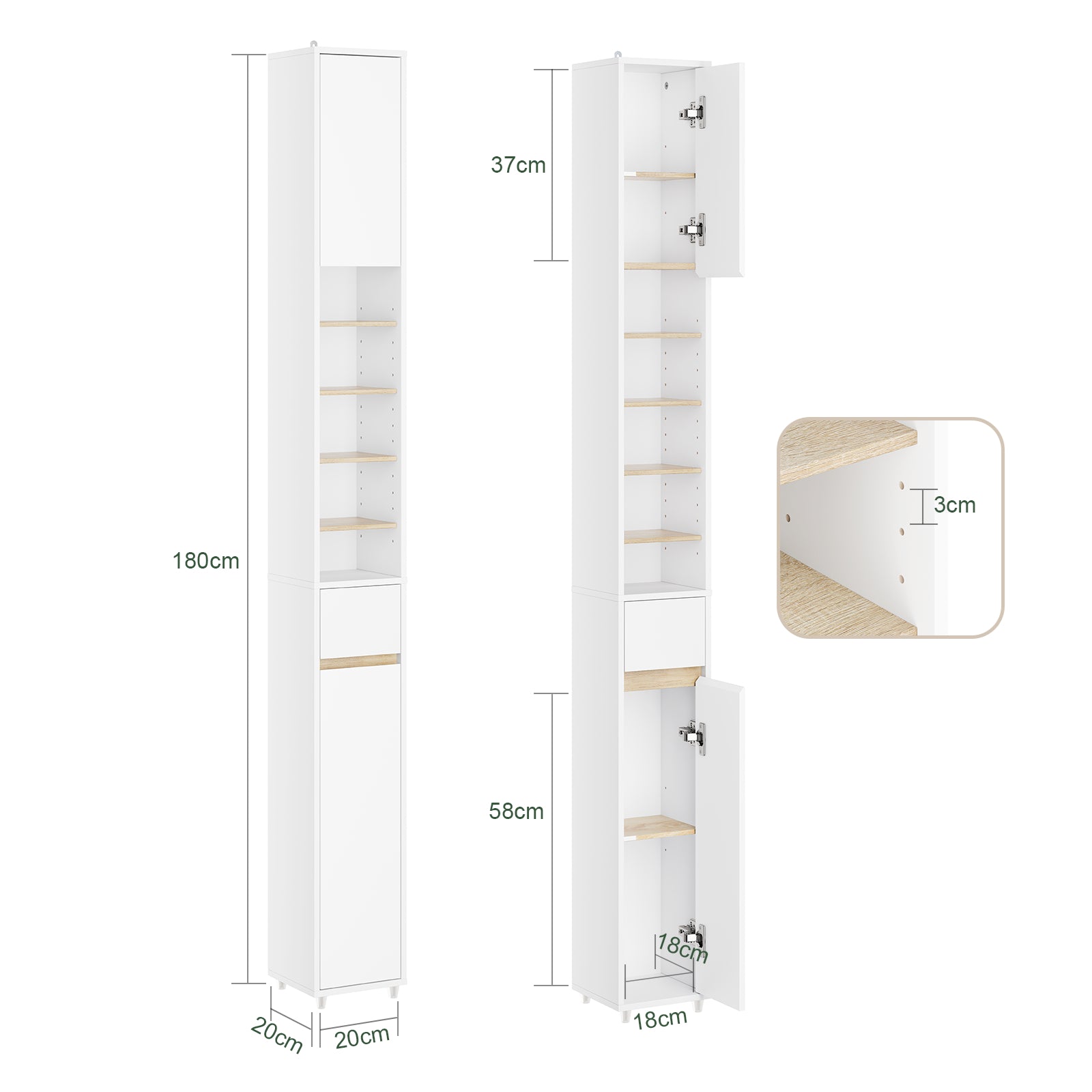 SoBuy | Bad Hochschrank schmal | mit Verstellbare Ablagen | Weiß-Natur | 20x180x20cm | BZR34-WN