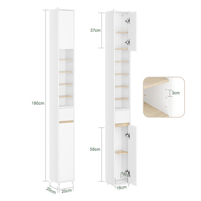 SoBuy | Bad Hochschrank Schmal 20cm | 5 Fächer & Schublade | Weiß-Natur BZR34-WN