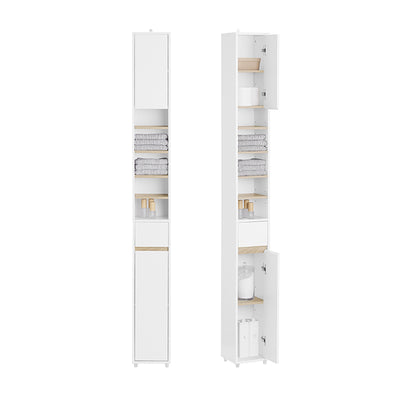 SoBuy | Bad Hochschrank Schmal 20cm | 5 Fächer & Schublade | Weiß-Natur BZR34-WN