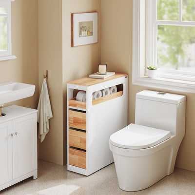 SoBuy Badezimmerschrank Schmal mit Rollen Weiß 65x23x82cm BZR54-III-WN