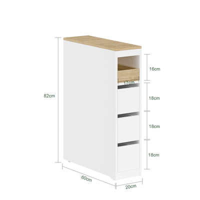 Vorverkauf | SoBuy | Badezimmerschrank mit Rollen | Schmaler | Weiß-Natur | BZR54-K-W
