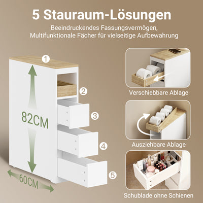 Vorverkauf | SoBuy | Badezimmerschrank mit Rollen | Schmaler | Weiß-Natur | BZR54-K-W