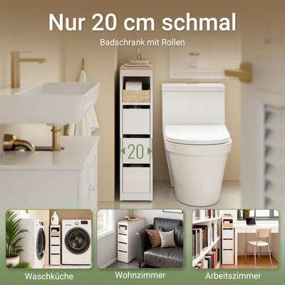 Vorverkauf | SoBuy | Badezimmerschrank mit Rollen | Schmaler | Weiß-Natur | BZR54-K-W