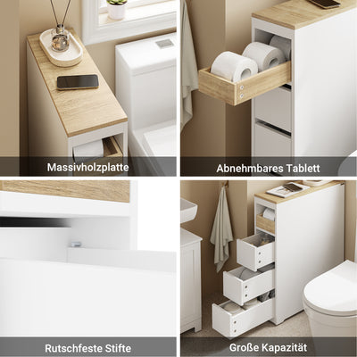 Vorverkauf | SoBuy | Badezimmerschrank mit Rollen | Schmaler | Weiß-Natur | BZR54-K-W