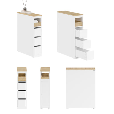 Vorverkauf | SoBuy | Badezimmerschrank mit Rollen | Schmaler | Weiß-Natur | BZR54-K-W