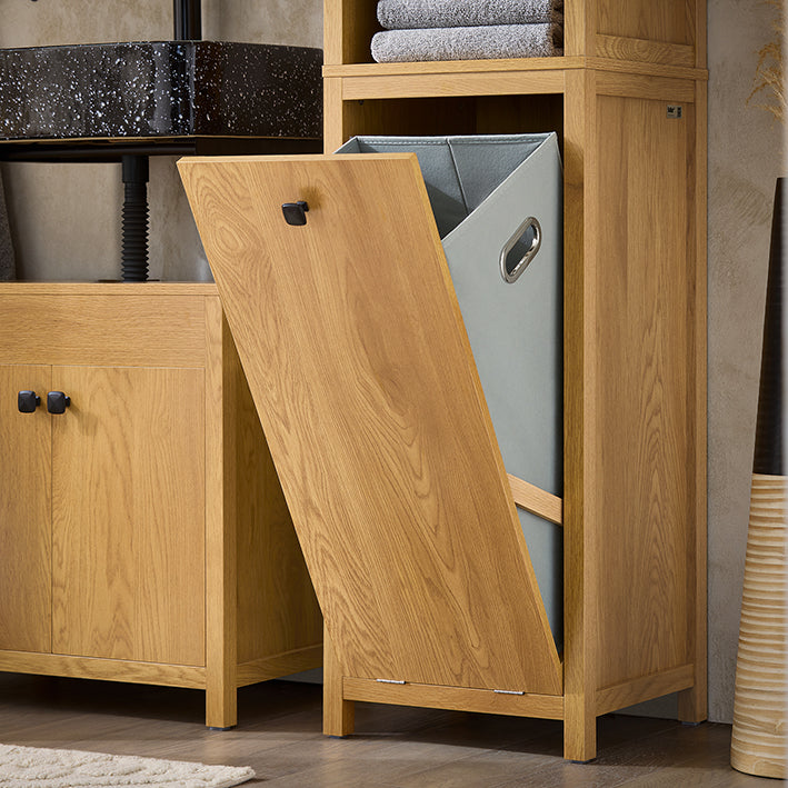 SoBuy | Badschrank mit Wäschesack | Hochschrank | Badregal | Wäscheschrank | Dunkelnatur | BZR95-SN