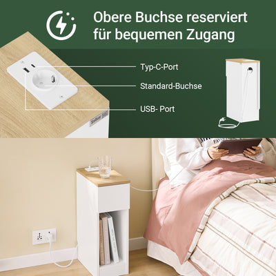 SoBuy | Nachttisch schmal | mit Mehrfachsteckdosen | Weiß-Natur | 20x60x35cm | FBT111-E-WN