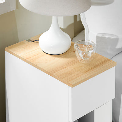SoBuy Nachttisch schmal | Beistelltisch mit Schublade | Weiß-Natur FBT111-II-WN