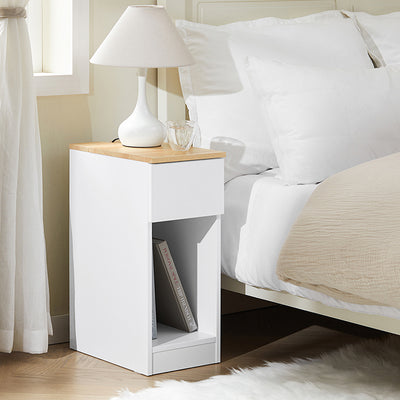 SoBuy Nachttisch schmal | Beistelltisch mit Schublade | Weiß-Natur FBT111-II-WN