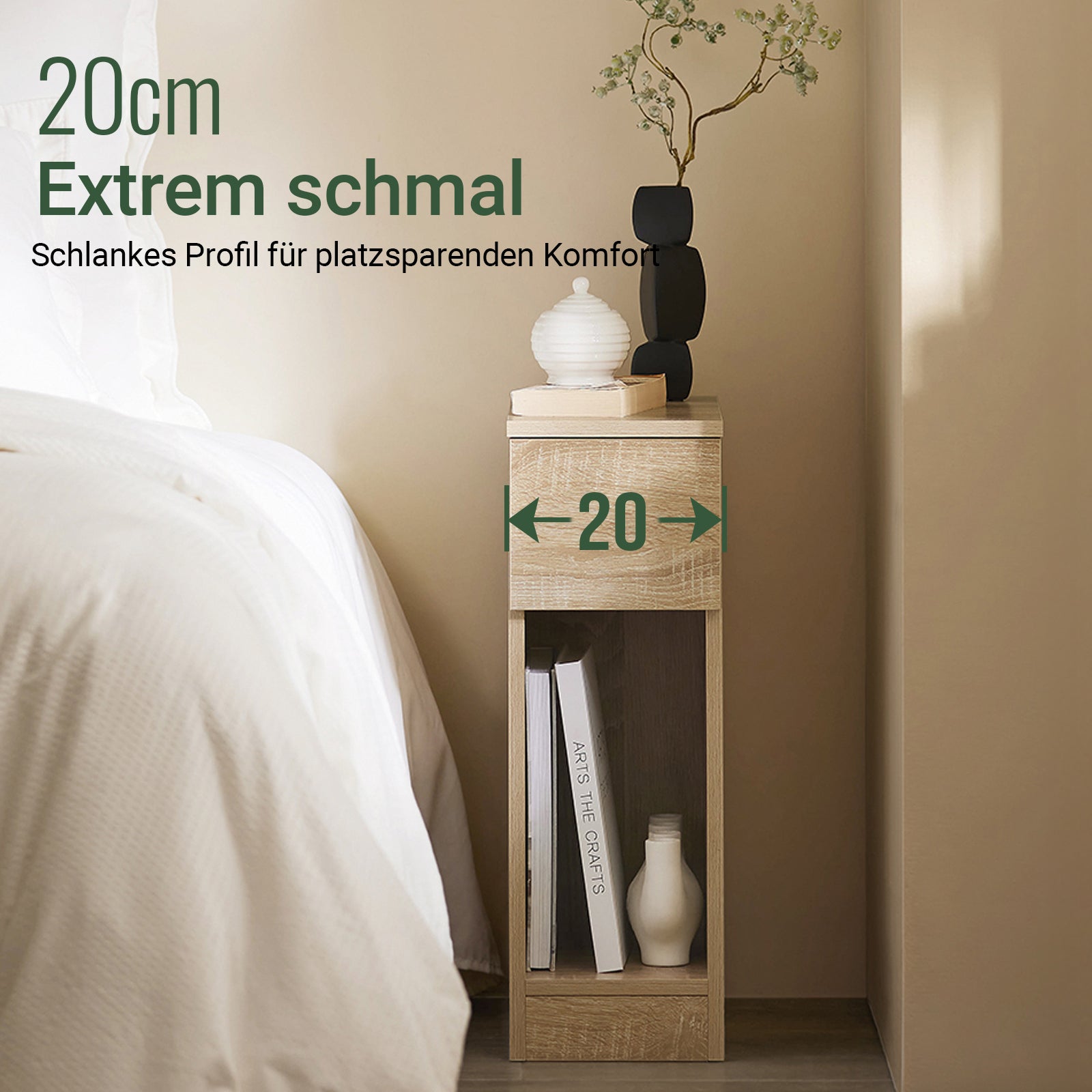 SoBuy | Nachttisch 2er Set schmal | mit Schublade Natur | FBT111-Nx2