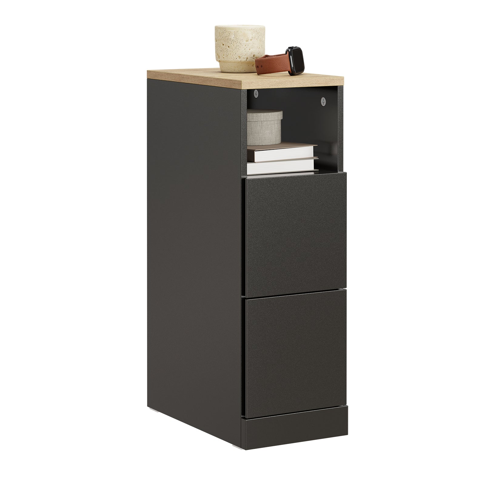 SoBuy Nachttisch schmal 20cm breit mit 2 Schubladen | Beistelltisch Schwarz 60x35cm FBT149-SCH