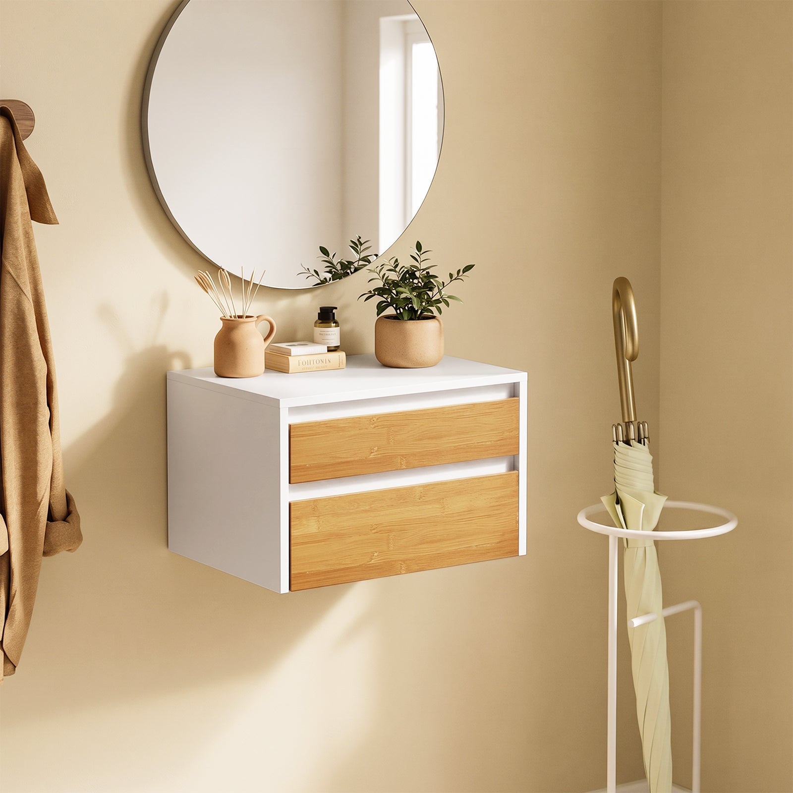 SoBuy Nachttisch hängend mit Sensorlicht und 2 Schublade Weiß FBT175-E-WN