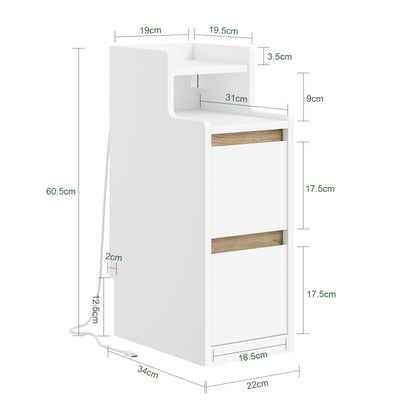 SoBuy | Nachttisch Beistelltisch schmal | mit Mehrfachsteckdosen | Weiß-Natur | 22x60x34cm | FBT178-E-WN