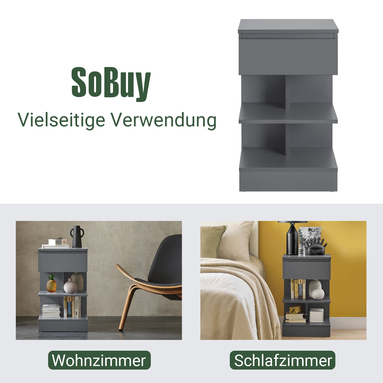 SoBuy | Nachttisch | Nachtschrank | Beistelltisch | Kommode Grau | FBT49-HG