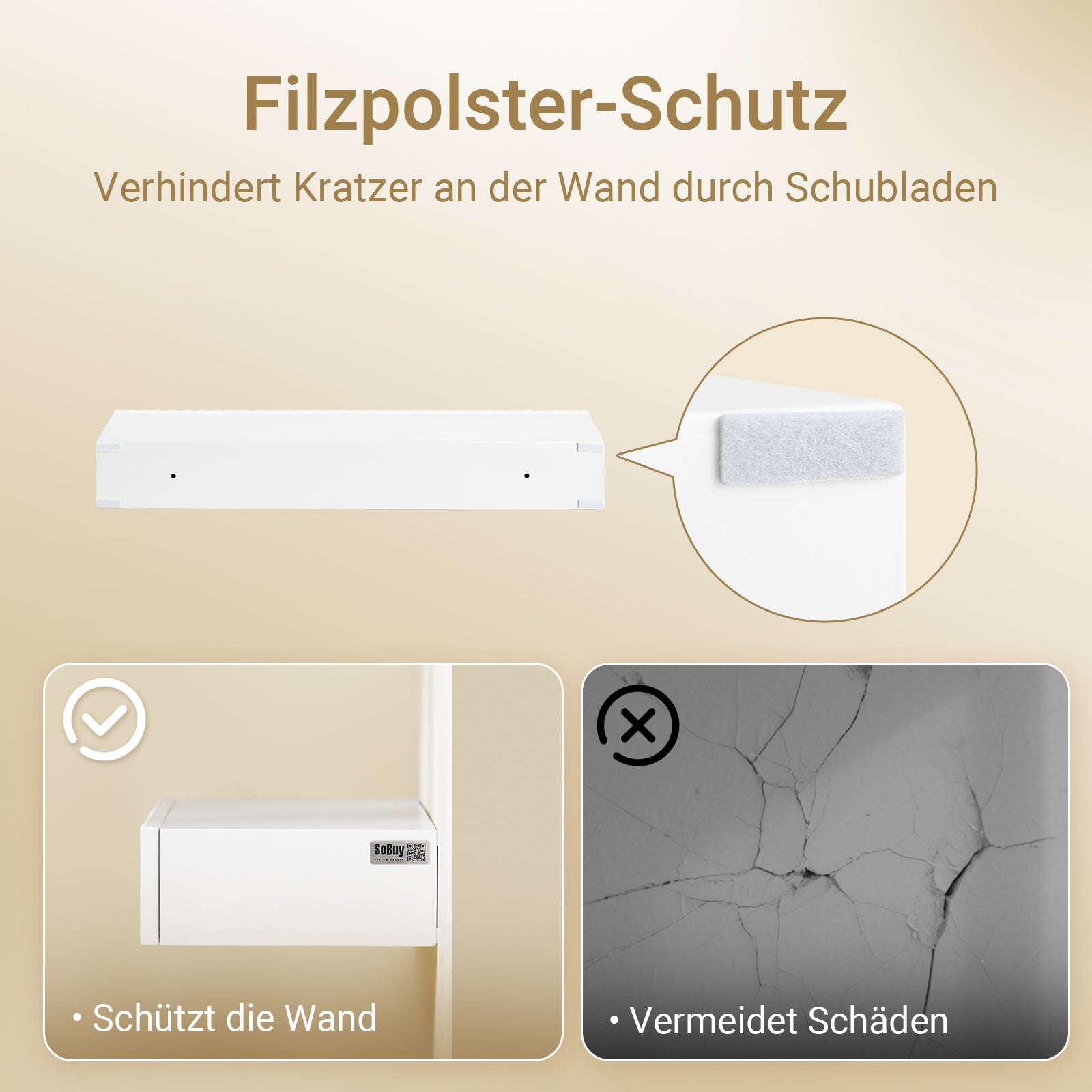 SoBuy | Schweberegal | mit Schublade | LED-Bewegungssensor-Licht | Wandschublade Weiß | FHK38-W