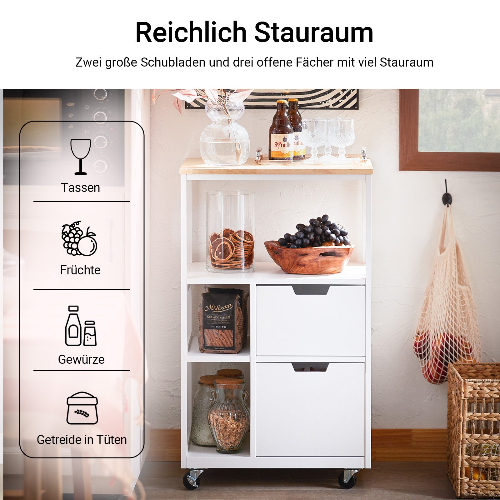 SoBuy | Küchenwagen mit 2 Schubladen | Servierwagen | Weißnatur | FKW111-WN
