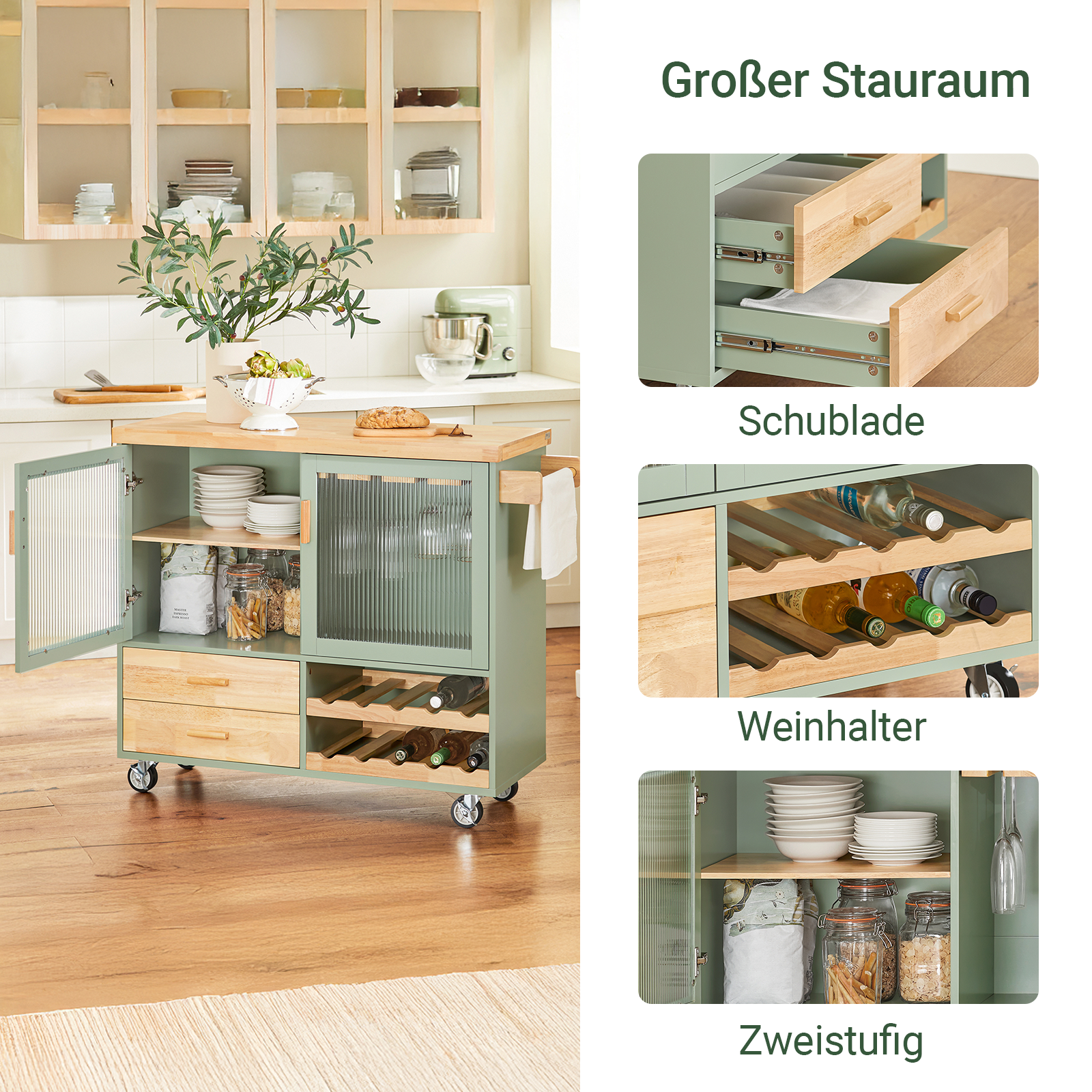 SoBuy | Küchenwagen mit Flaschenablage | Kücheninsel mit Weinglashalter | Sideboard | Grün | FKW114-GR
