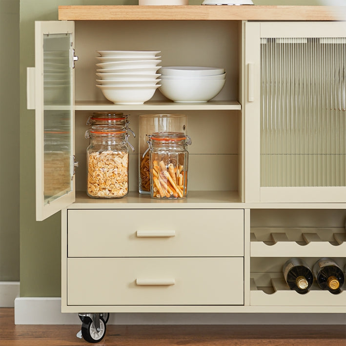 Vorverkauf | SoBuy | Küchenwagen mit Flaschenablage | Kücheninsel mit Weinglashalter | Küchenschrank | Sideboard | Beige | FKW114-MI