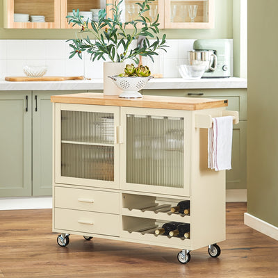 Vorverkauf | SoBuy | Küchenwagen mit Flaschenablage | Kücheninsel mit Weinglashalter | Küchenschrank | Sideboard | Beige | FKW114-MI