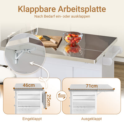 SoBuy | Kücheninsel mit 2 Schubladen | Küchenwagen mit erweiterbarer Arbeitsfläche | Küchenschrank Weiß | FKW128-II-ST