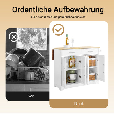 SoBuy | Kücheninsel auf Rollen | mit ausziehbarer Platte | Schubladen | Weiß | 113x91x(44-69) cm | FKW129-WN