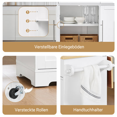 SoBuy | Kücheninsel auf Rollen | mit ausziehbarer Platte | Schubladen | Weiß | 113x91x(44-69) cm | FKW129-WN