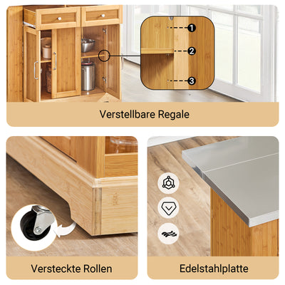 SoBuy | Kücheninsel | Küchenwagen mit erweiterbarer Arbeitsfläche | Küchenschrank Bambus | FKW130-N