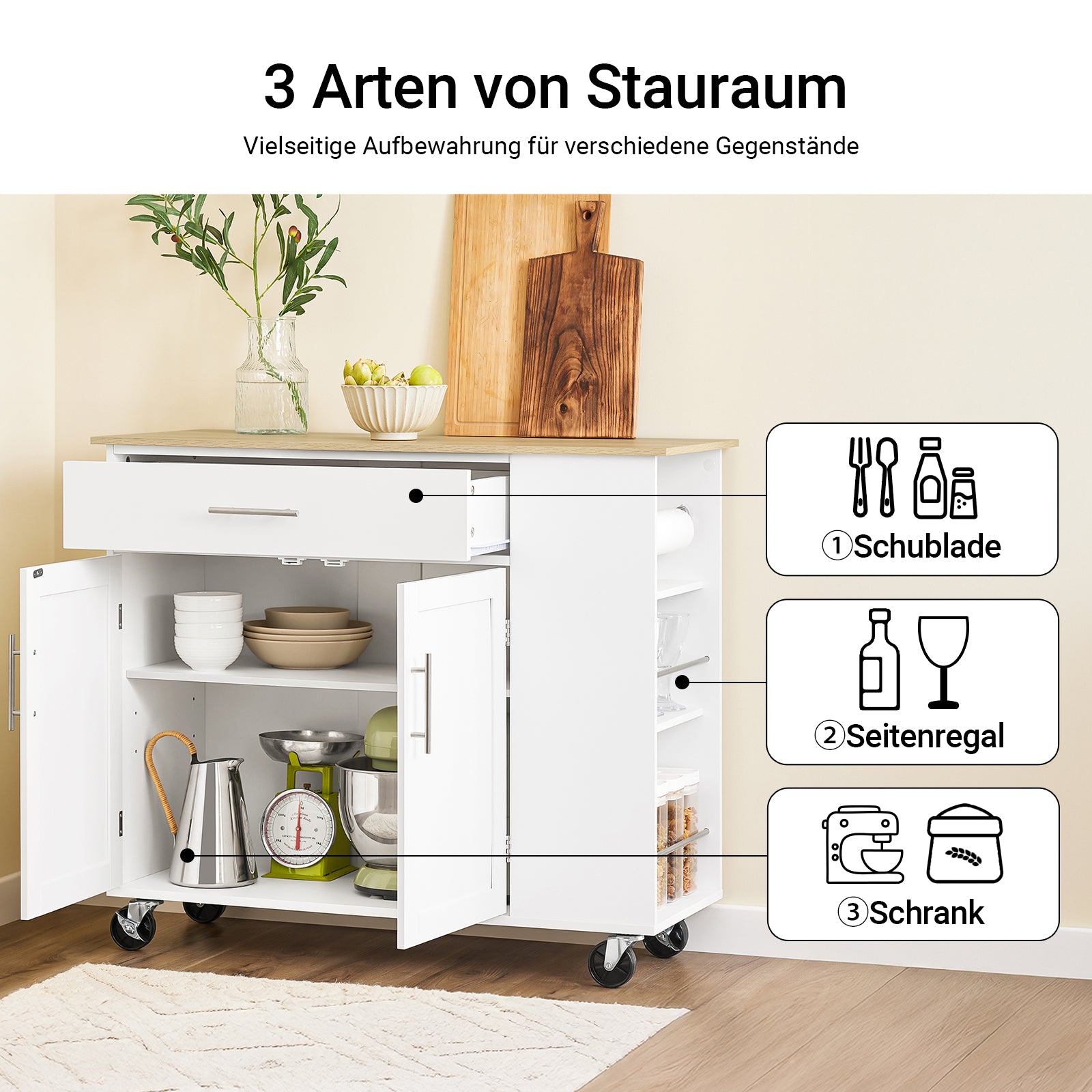 SoBuy Kücheninsel mit Arbeitsplatte Rollbarer Servierwagen Weiß B99 x H85 x T40 cm FKW133-WN