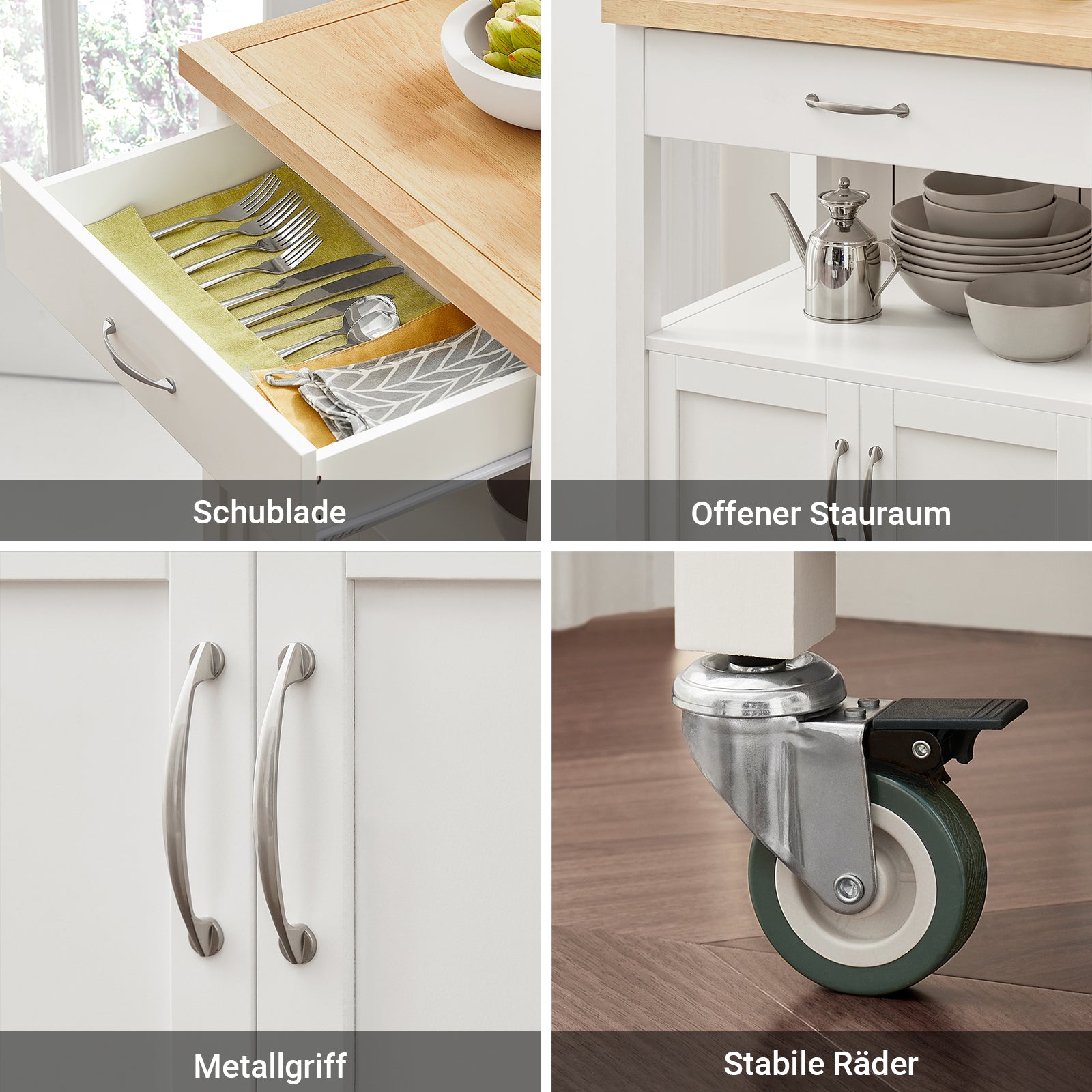 SoBuy | Servierwagen | aus Kautschukholz | Weiß-Natur | 60x92x45cm | FKW22-WN