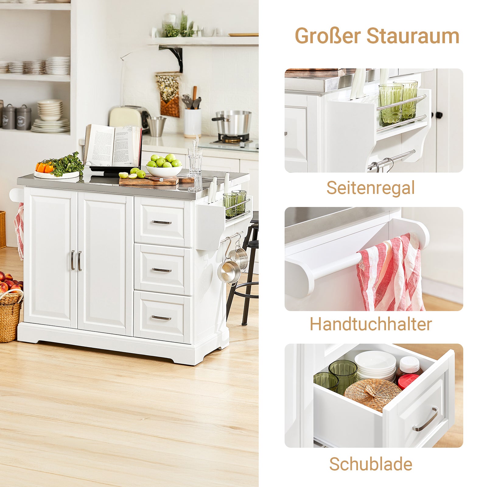 SoBuy | Kücheninsel | Küchenwagen mit erweiterbarer Arbeitsfläche | Küchenschrank Weiß | FKW41-ST