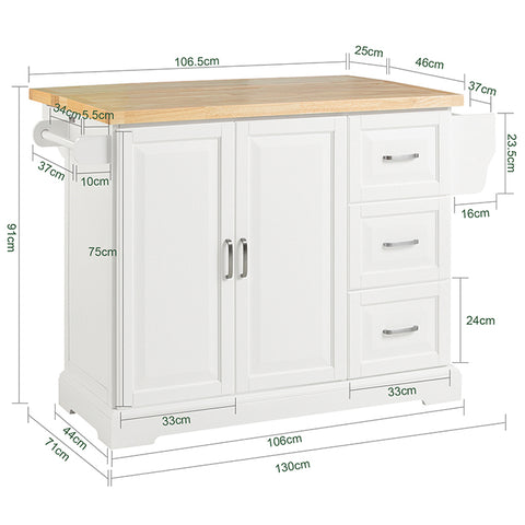 SoBuy | Kücheninsel | Küchenwagen mit erweiterbarer Arbeitsfläche | Küchenschrank Weiß | FKW41-WN