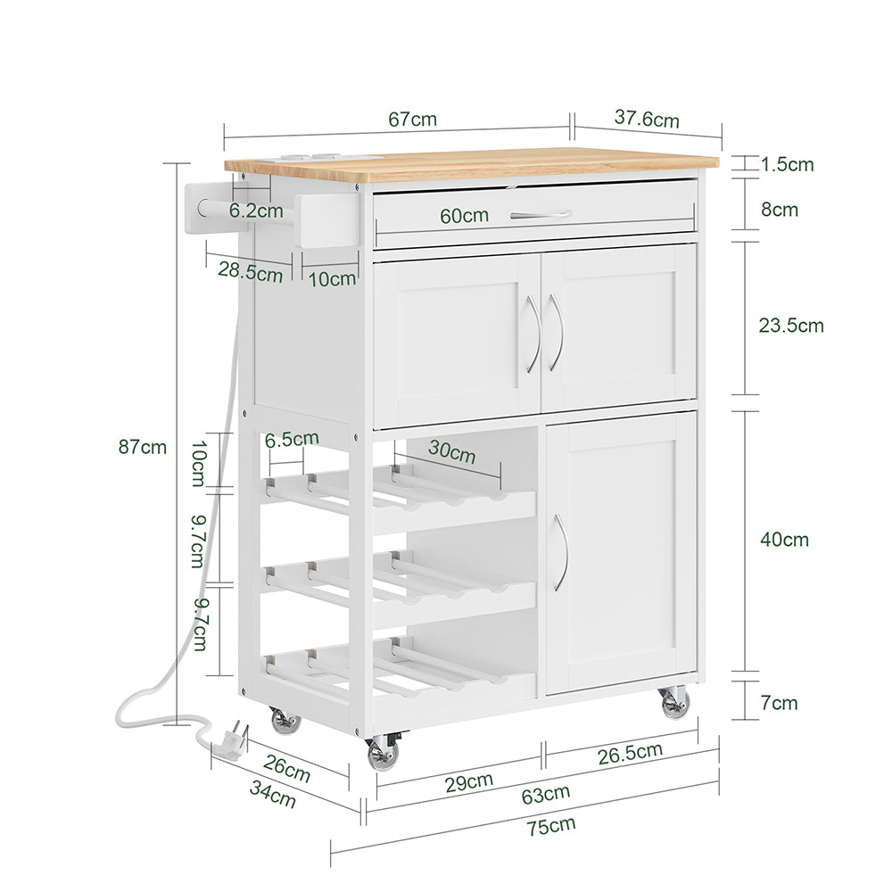 SoBuy Küchenwagen mit Steckdose Weiß mit Rollen und austauschbaren Standfüßen 75x37,6x86,5 cm FKW45-E-WN