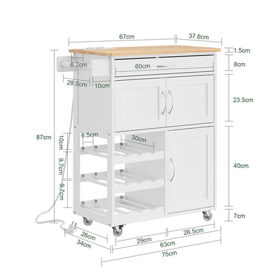 SoBuy Küchenwagen mit Steckdose Weiß mit Rollen und austauschbaren Standfüßen 75x37,6x86,5 cm FKW45-E-WN