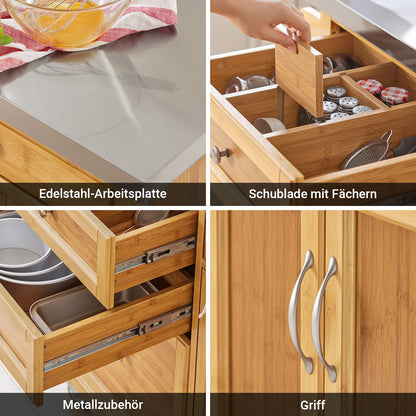 SoBuy | Kücheninsel | Küchenwagen mit Edelstahlarbeitsplatte | Küchenschrank Bambus | FKW70-N