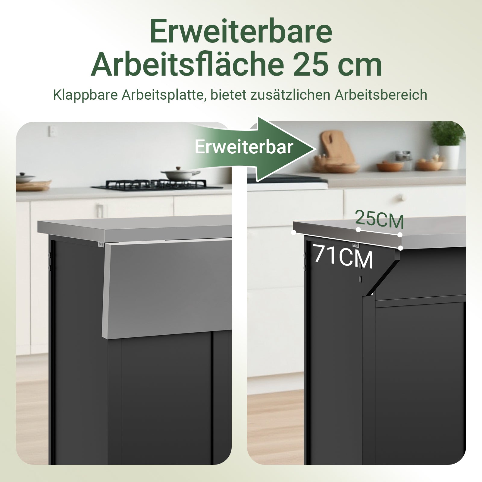 SoBuy | Kücheninsel | Küchenwagen mit erweiterbarer Arbeitsfläche | Küchenschrank Schwarz | FKW71-III-SCH