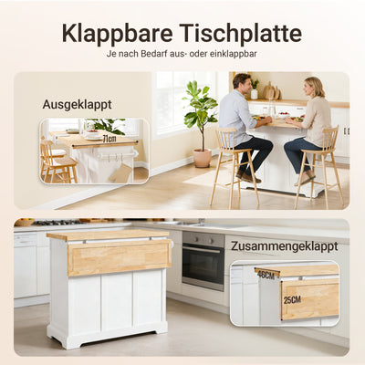 SoBuy Kücheninsel mit Rollen Küchenwagen mit ausziehbarer Arbeitsplatte Weiß 115x92x(46-71) cm FKW71-III-WN