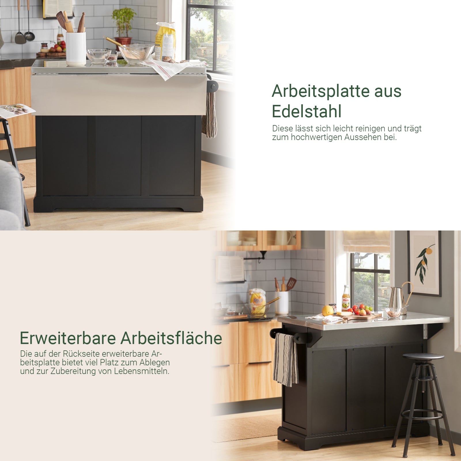 SoBuy | Kücheninsel | Küchenwagen mit erweiterbarer Arbeitsfläche | Küchenschrank Schwarz | FKW71-SCH