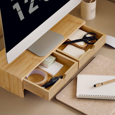 SoBuy | Monitorerhöhung | Monitorständer mit Schubladen | Bambus | FRG198-N