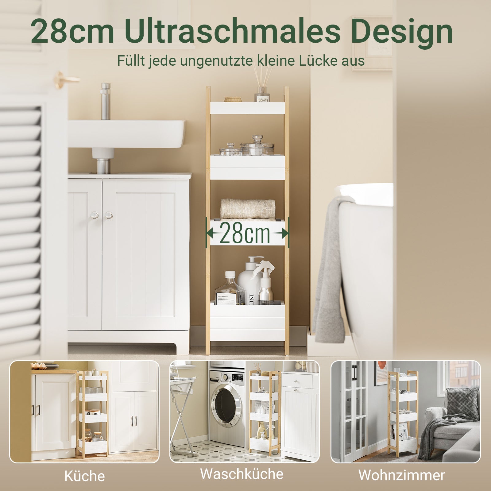SoBuy | Badregal schmal mit 4 stabilen Regalen Weiß | FRG226-H-WN