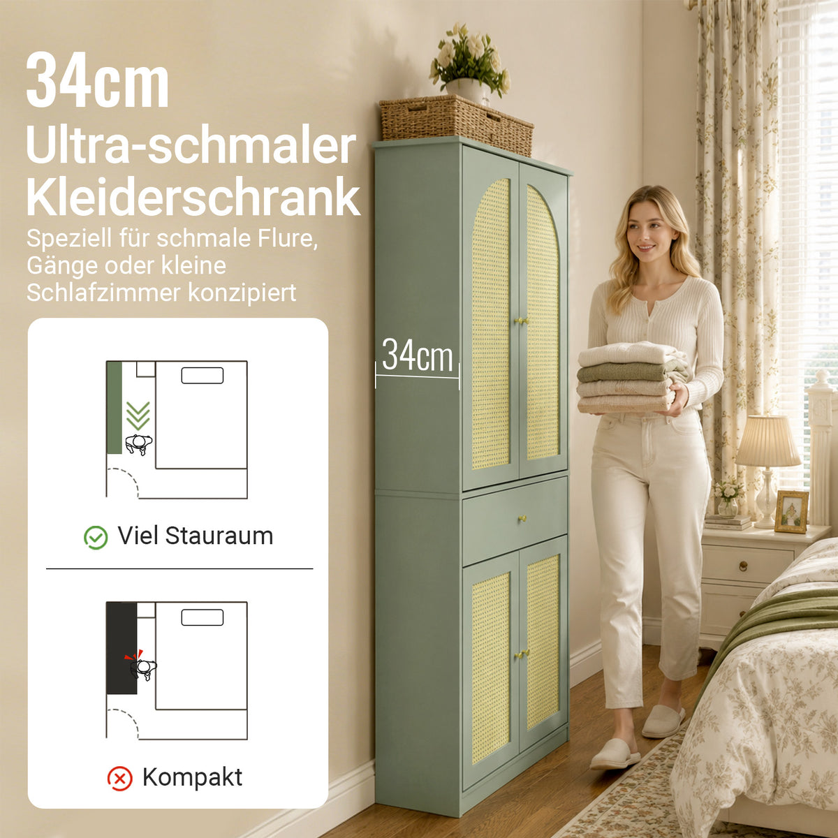 SoBuy Kleiderschrank schmal mit 4 Türen und 1 Schublade für Schlafzimmer und Flur | 70x34x180 cm | FSB107-GR